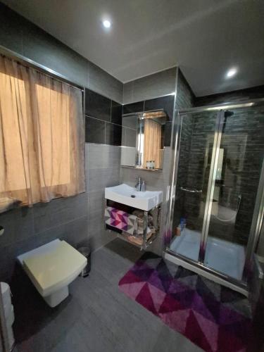 a bathroom with a sink and a shower and a toilet at Luxury Seafront Apartment 3BR Ta Xbiex in Taʼ Xbiex