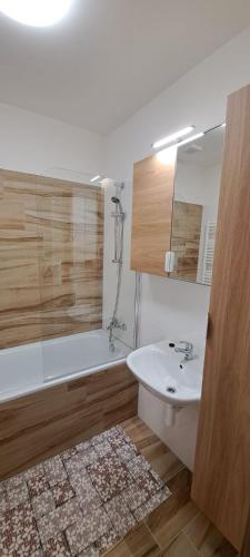 a bathroom with a tub and a sink and a toilet at Elisa Apartment in Rajecké Teplice