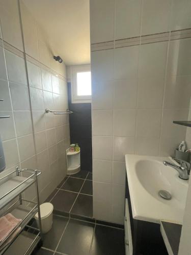 une salle de bain avec un lavabo et des toilettes dans l'établissement Maisonnette cosy piscine parking, à Argelès-sur-Mer