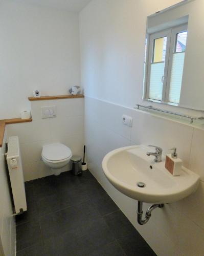 a bathroom with a sink and a toilet at Emely Ferienwohnungen in Röbel