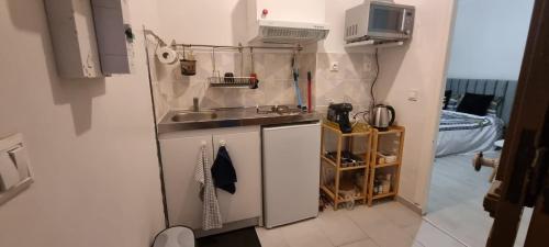 une petite cuisine avec un évier et un micro-ondes dans l'établissement Charmant studio avec terrasse -proche Paris, à Aubervilliers