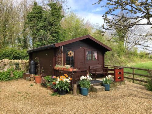 a small shed with flowers in front of it at The Old Log Cabin in Stow on the Wold