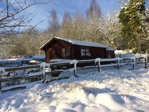 a cabin in the snow with a fence at The Old Log Cabin in Stow on the Wold