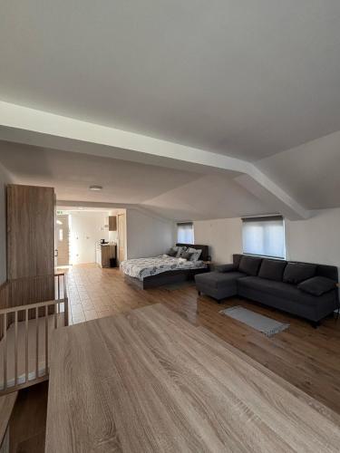 a living room with a couch and a bed at Sobe Išić in Veliko Gradište