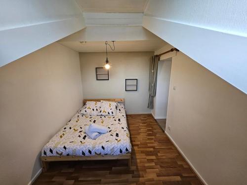 グルノーブルにあるAppartement - Grenoble - Calmeの小さなベッドルーム(ベッド1台付)が備わる屋根裏部屋です。