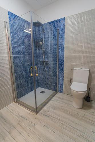a bathroom with a shower with a toilet and blue tiles at APTC ETXEa in Vitoria-Gasteiz
