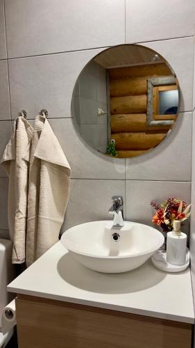 a bathroom with a white sink and a mirror at River's Whisper Cottage in Rovaniemi