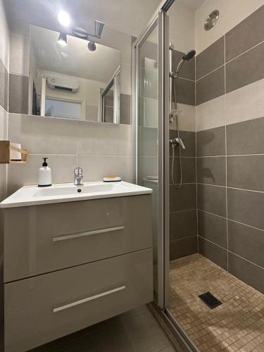 une salle de bain avec un lavabo et une douche dans l'établissement Balthachille - T2 plages et lac - Clim - Parking - Wifi très haut débit, à Six-Fours-les-Plages