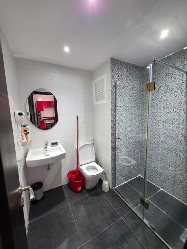 a bathroom with a shower and a toilet and a sink at Cabo Apparte Piscine & Panoramique View K17 in Cabo Negro