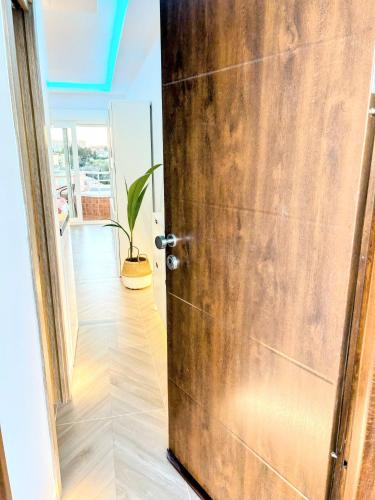 a wooden door leading to a hallway with a potted plant at Luxury studio Torremolinos Costa del Sol in Torremolinos