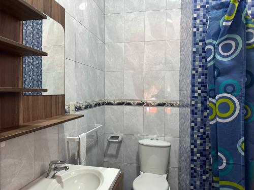a bathroom with a toilet and a sink and a shower at Hotel Casa Santa Lucía in Baños