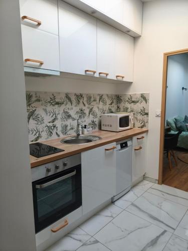 une cuisine avec un évier et un micro-ondes dans l'établissement L'échappée verte, à Amiens