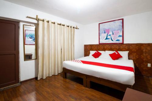 a bedroom with a large bed with red pillows at OYO Hotel Brazil,Guadalajara,Estadio Jalisco in Guadalajara