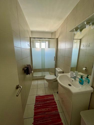 a bathroom with a toilet and a sink and a shower at First line, upscale apartment Los Cristianos! 11thFloor Views in Arona
