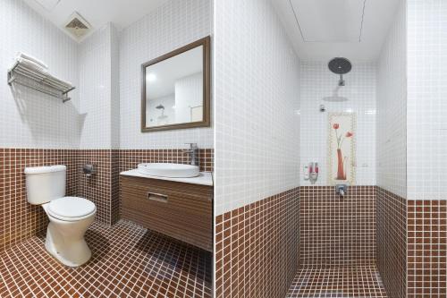 two pictures of a bathroom with a toilet and a sink at Hotel O G Home Hotel, Kota Bharu, Kelantan. in Kota Bharu