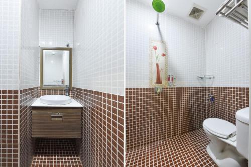 two images of a bathroom with a toilet and a sink at Hotel O G Home Hotel, Kota Bharu, Kelantan. in Kota Bharu