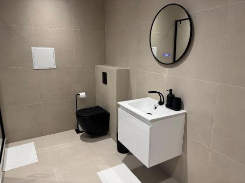 a bathroom with a sink and a mirror and a toilet at Appartement I - Haut Standing Proche Luxembourg & Cattenom in Nilvange