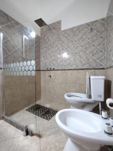 a bathroom with a shower and a toilet and a sink at Departamentos Elisabeth in Tanti