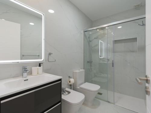 Un baño con inodoro y ducha de cristal. en Apartment on Mogan Beach with Sea Views, en Mogán