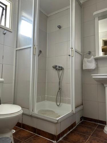 a bathroom with a shower and a toilet at Hostal Don Guillermo in Puerto Natales