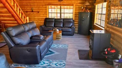a living room with a leather couch and a tv at Breathe Inn Off Grid Cabin on 40 Acres in Bisbee