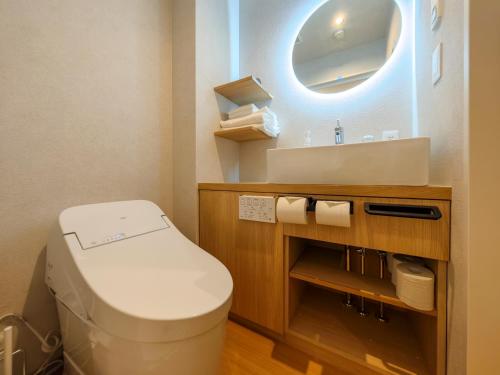 a bathroom with a toilet and a sink with a mirror at ホテル ログイン ニセコ in Kutchan