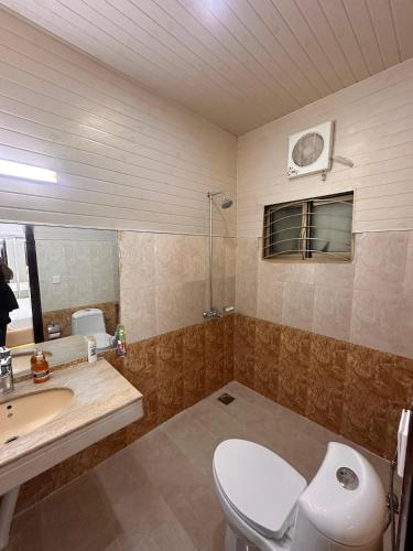a bathroom with a toilet and a sink and a mirror at Golden Horizon Suite in Lahore