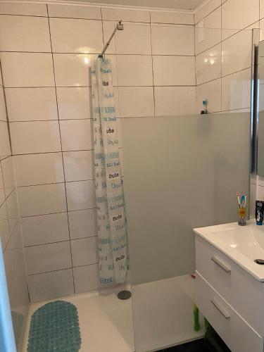 une salle de bain avec un rideau de douche et un lavabo dans l'établissement Le Cap d Agde, au Cap d'Agde