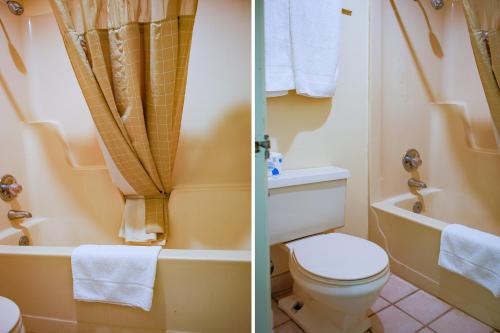 two pictures of a bathroom with a toilet and a bathtub at Duncan Inn by OYO, OK - Hwy 81 Near Chisholm Casino in Duncan