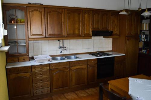 una cucina con armadi in legno e lavandino di Bibinje Apartment a Bibinje (Bibigne)