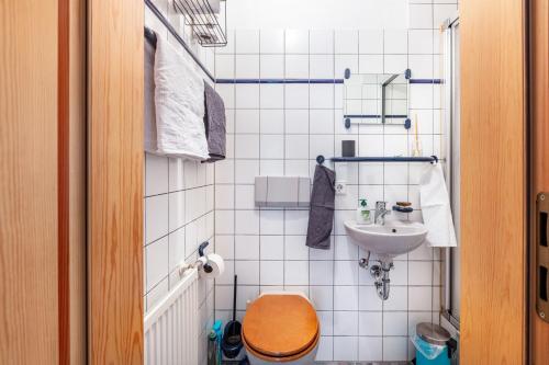 a small bathroom with a toilet and a sink at Sonnige Wohnung im Markgräflerland in Efringen-Kirchen