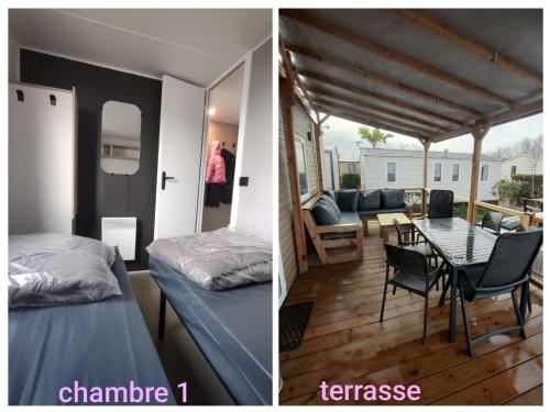 une chambre et un salon avec un lit et une table dans l'établissement Mobile-home tout confort 6 personnes climatisé, à Sète