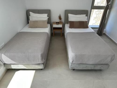 two beds sitting next to each other in a room at Nikiti Dream Villas in Nikiti