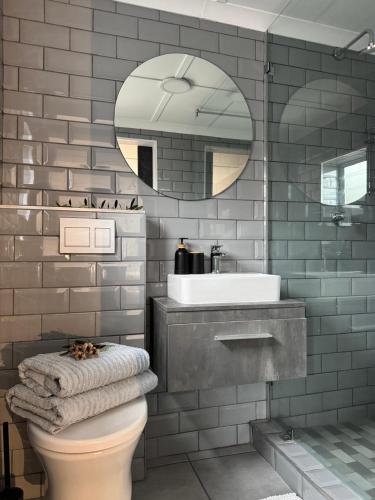 a bathroom with a sink and a toilet and a mirror at Stayatdestraadt Red Fin Cottage in Op-die-Berg