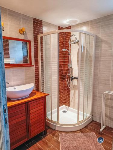 une salle de bain avec une douche en verre et un lavabo dans l'établissement Studio en Ardèche, calme et nature au rendez-vous, à Saint-Montan