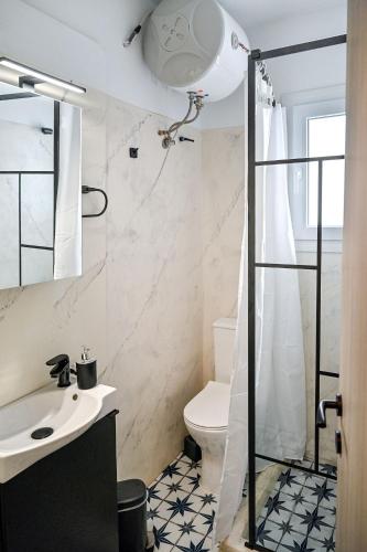 a bathroom with a toilet and a sink and a shower at Ikaria Studios in Agios Kirykos