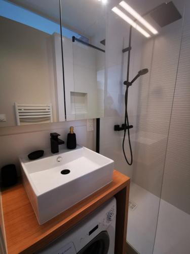 une salle de bain avec un lavabo blanc et une douche dans l'établissement Studio with rooftop view of the Graslin Theater, à Nantes