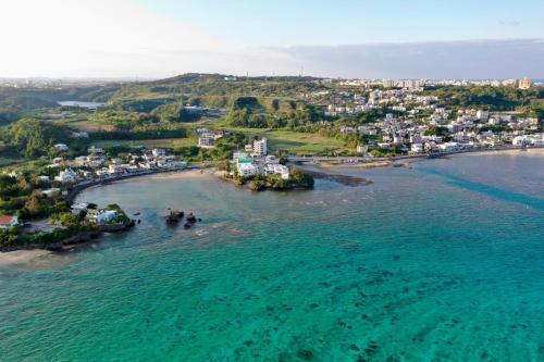 an aerial view of a beach with houses and the ocean at Shallows in Onna