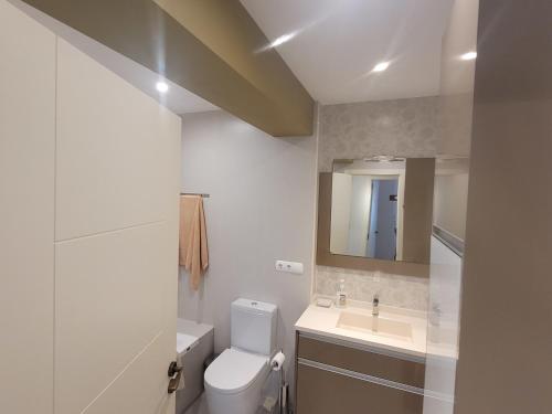 ein Badezimmer mit Toilette, Waschbecken und Spiegel in der Unterkunft Grupo Gontad Apartamento Rompeolas in Laxe