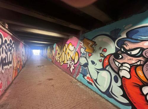 a tunnel with graffiti on the walls at Psalm 23 in Savona