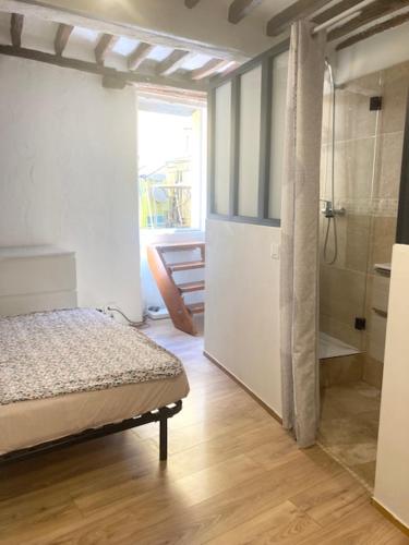 une chambre avec un lit et une douche à l'italienne dans l'établissement Studio terrasse. A 50m de la plage Sablettes, à Menton