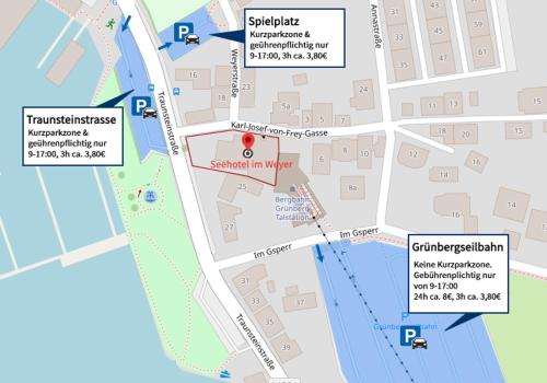 a map of a city with a red marker at Seehotel im Weyer in Gmunden