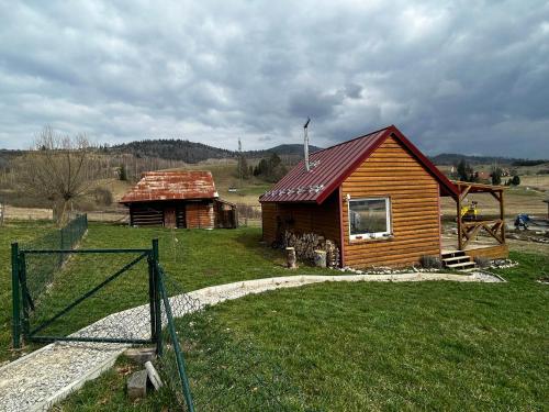a wooden cabin with a red roof on a field at Tiny House at Sedliacky Dvor - Brezno in Brezno