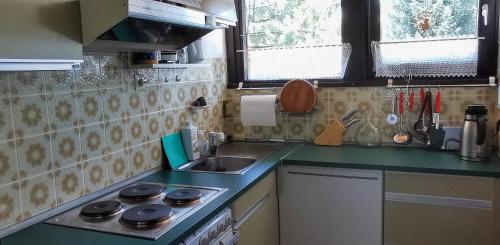 une petite cuisine avec un évier et une cuisinière dans l'établissement Gemütliches Ferienreihenhaus mit Holzkamin im Schwarzwald, à Bernau im Schwarzwald