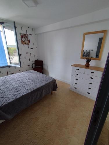 une chambre avec un lit et une commode avec un miroir dans l'établissement Chez Monique et Dédé, à Ferrassières