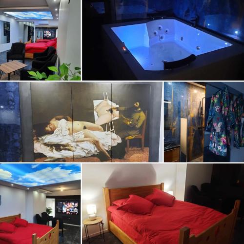 un collage de fotos de un dormitorio y una piscina en Nuit Express à Love Suite L'Origin'El d'Ornans, en Ornans
