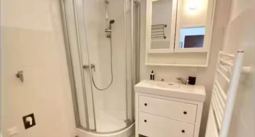 un bagno bianco con doccia e lavandino di Zentrales Studio in bester Lager a Vienna