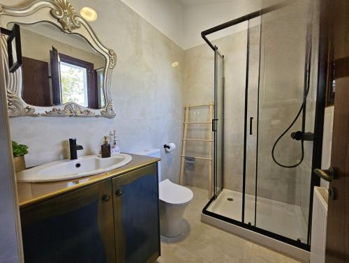 a bathroom with a sink and a glass shower at Kasparis View Residence in Pano Lefkara