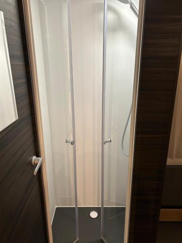 a shower with a glass door in a bathroom at Romantische Wellness-Oase in Haasow