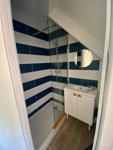 La salle de bains est pourvue de rayures bleues et blanches sur le mur. dans l'établissement Houlgate appartement, à Houlgate